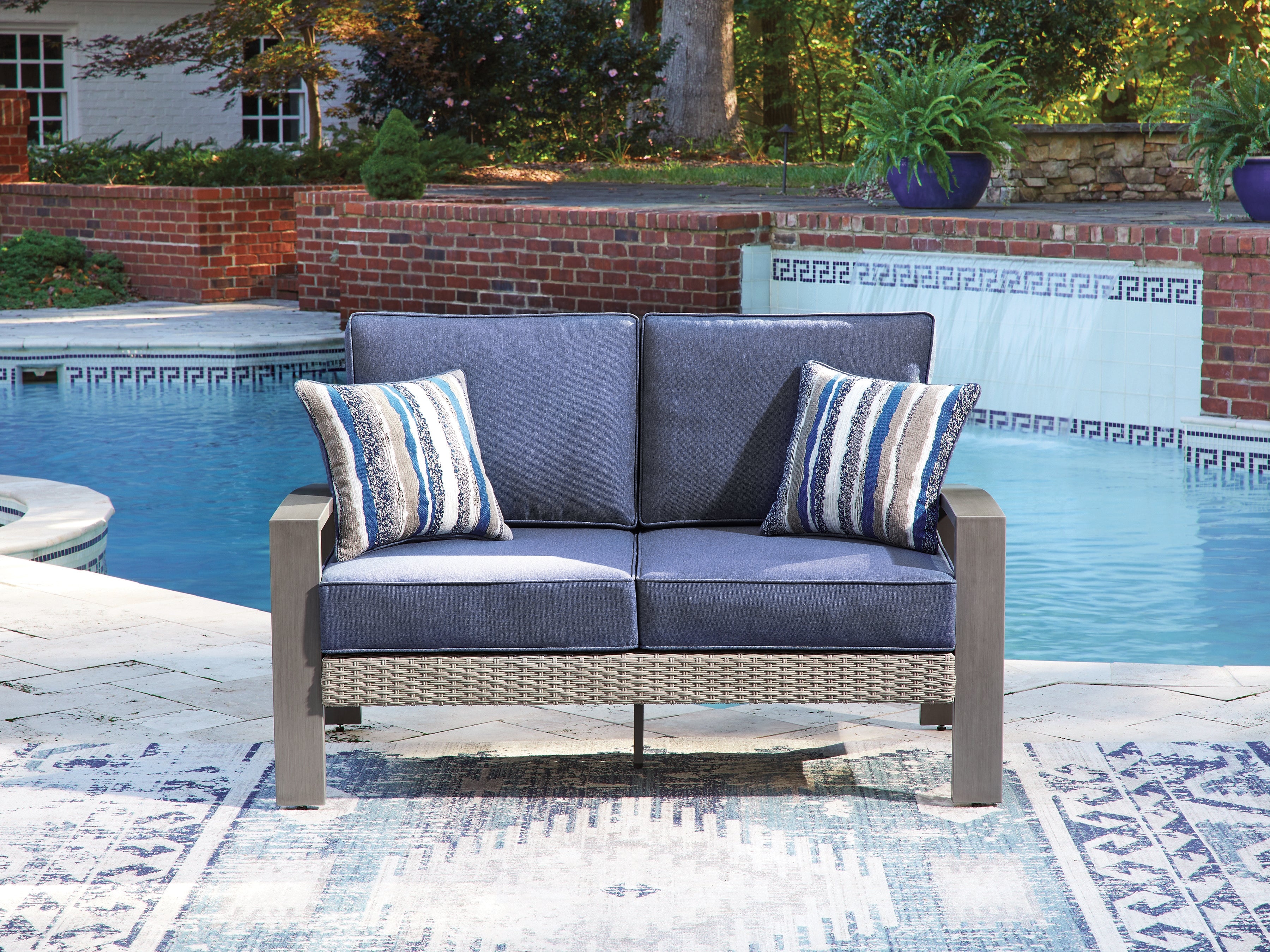 Elite Furniture Outlet - Ashley Furniture - Half Moon Beach Outdoor - Loveseat w/Cushion / Blue/Gray - PCP418-835