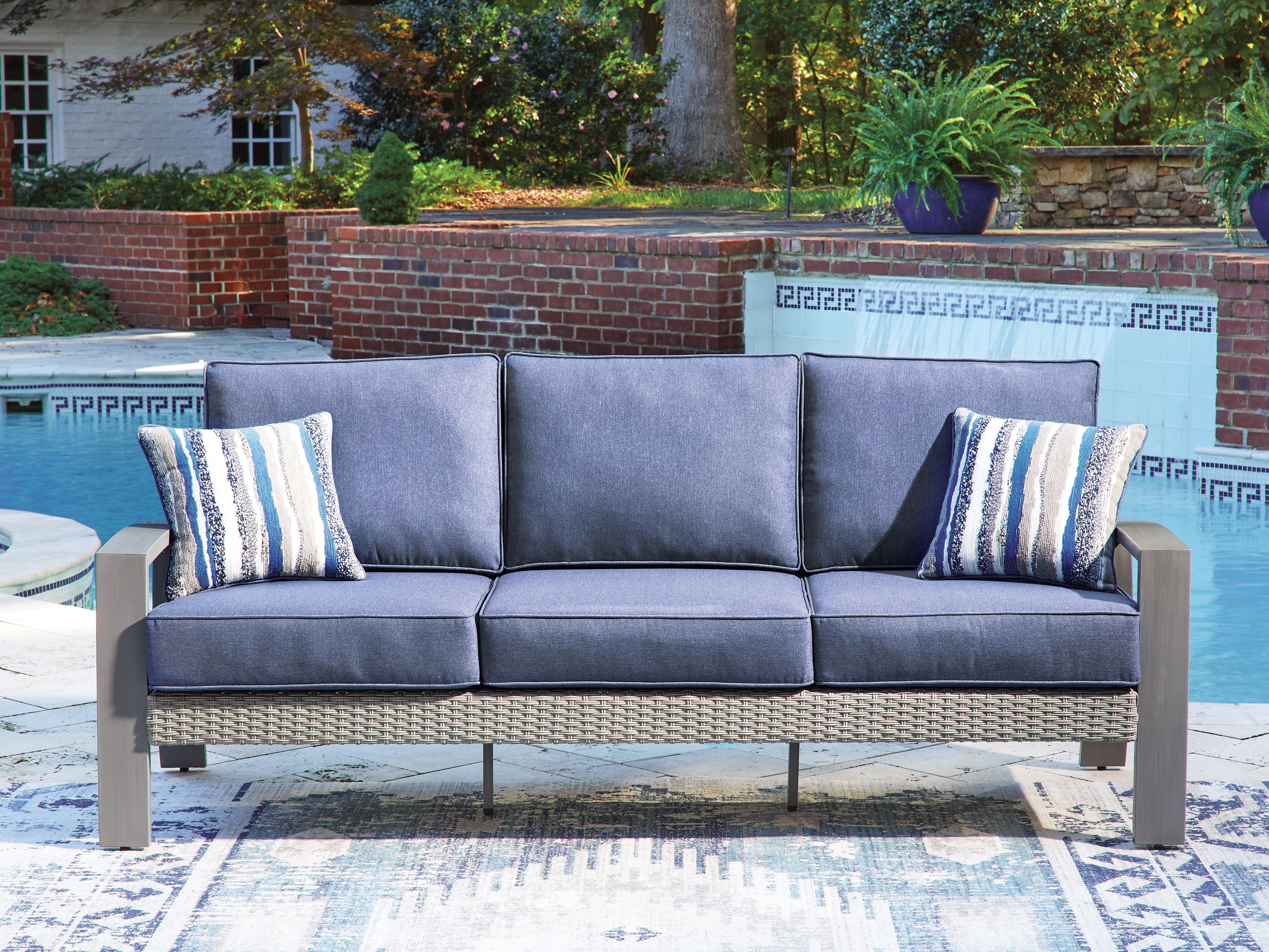 Elite Furniture Outlet - Ashley Furniture - Half Moon Beach Outdoor - Sofa with Cushion / Blue/Gray - PCP418-838