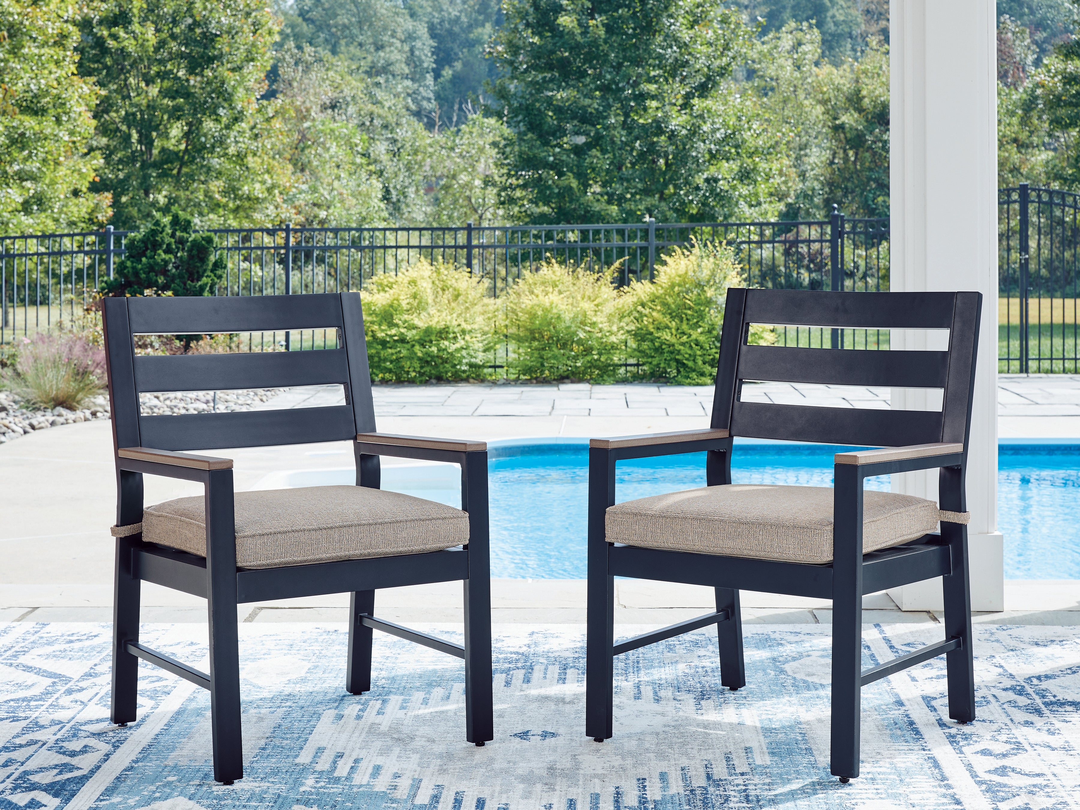Elite Furniture Outlet - Ashley Furniture - East Beach Outdoor - Arm Chair With Cushion (Set of 2) / Navy Blue/Driftwood - PCP587-601A