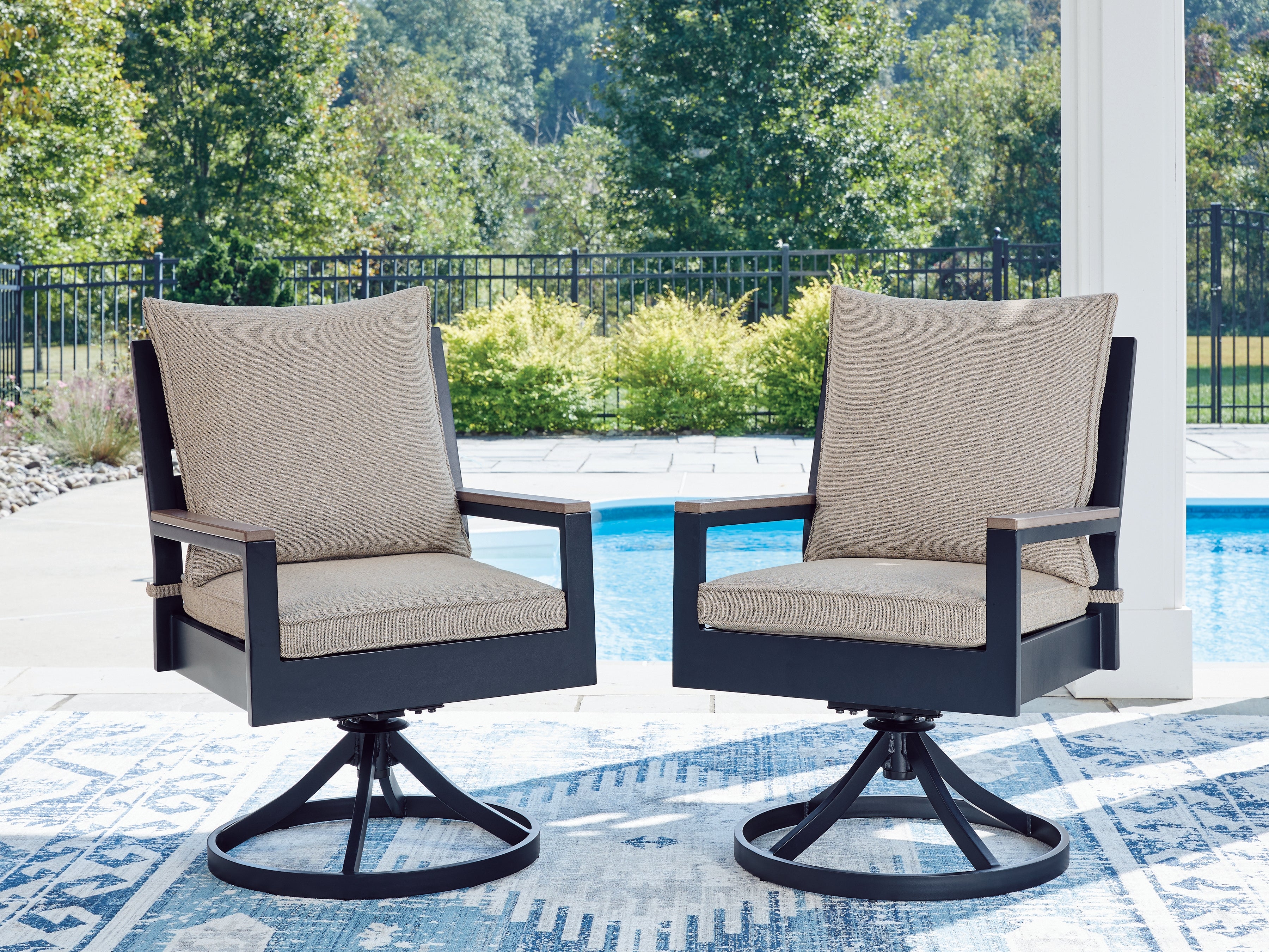 Elite Furniture Outlet - Ashley Furniture - East Beach Outdoor - Swivel Chair w/Cushion (Set of 2) / Navy Blue/Driftwood - PCP587-602A