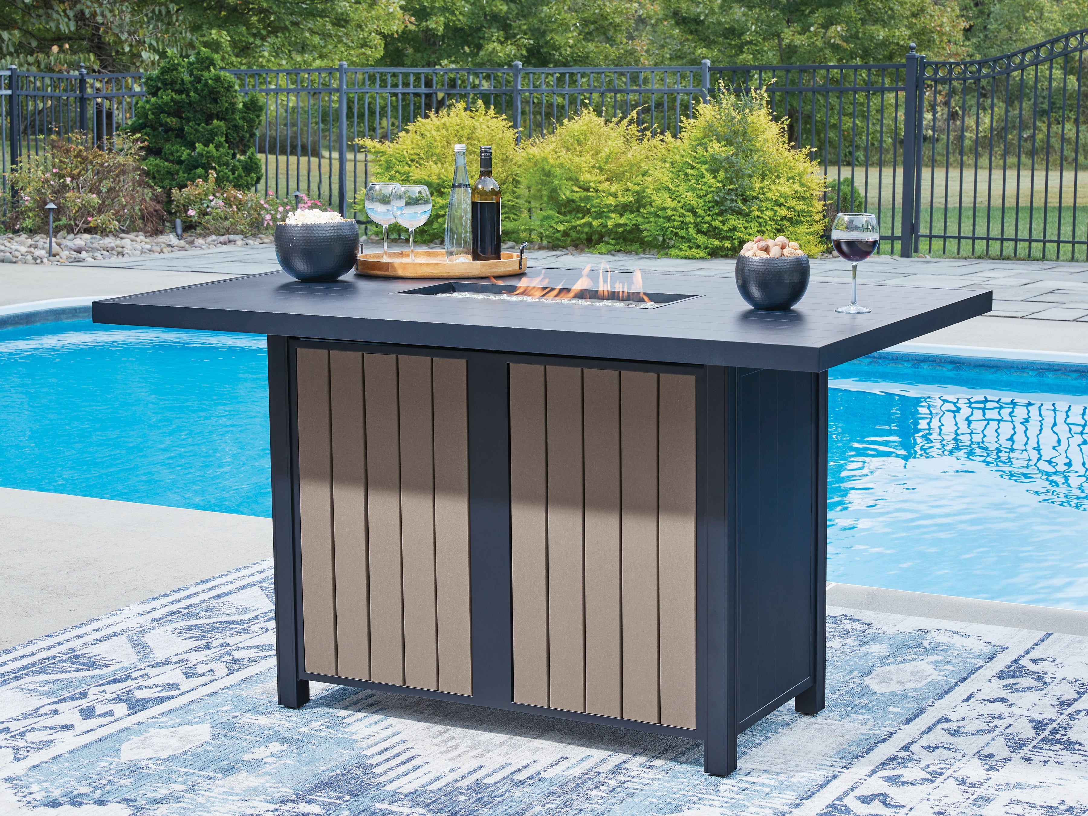 Elite Furniture Outlet - Ashley Furniture - East Beach Outdoor - RECT Bar Table w/Fire Pit / Navy Blue/Driftwood - PCP587-665