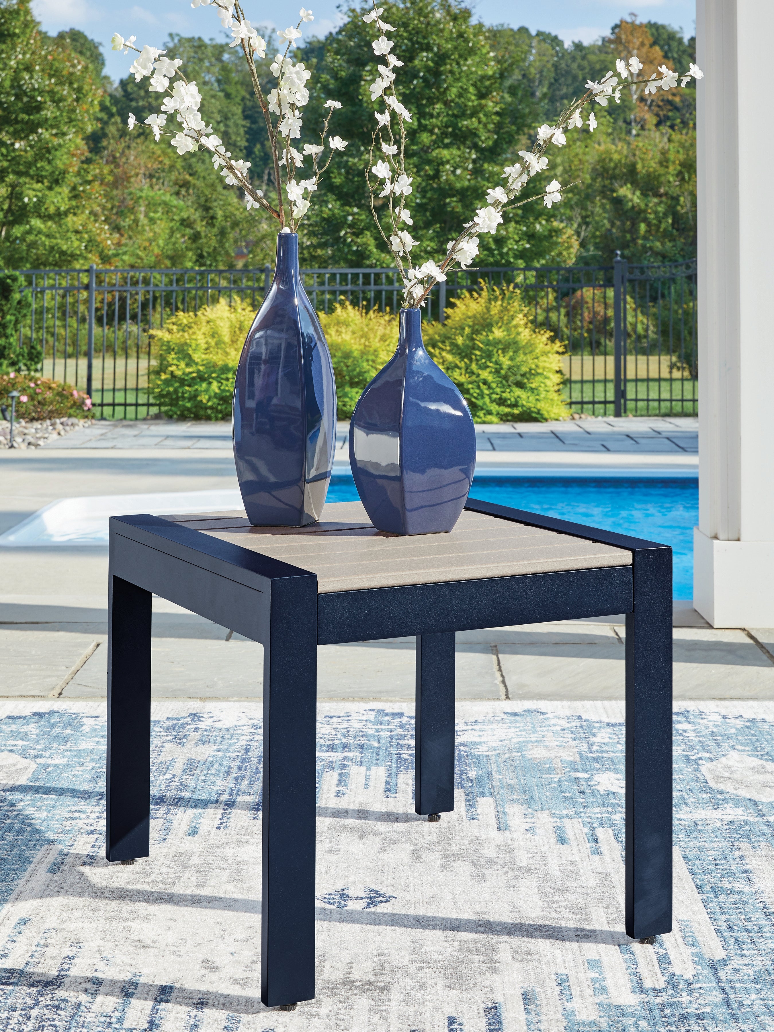Elite Furniture Outlet - Ashley Furniture - East Beach Outdoor - Rectangular End Table / Navy Blue/Driftwood - PCP587-703