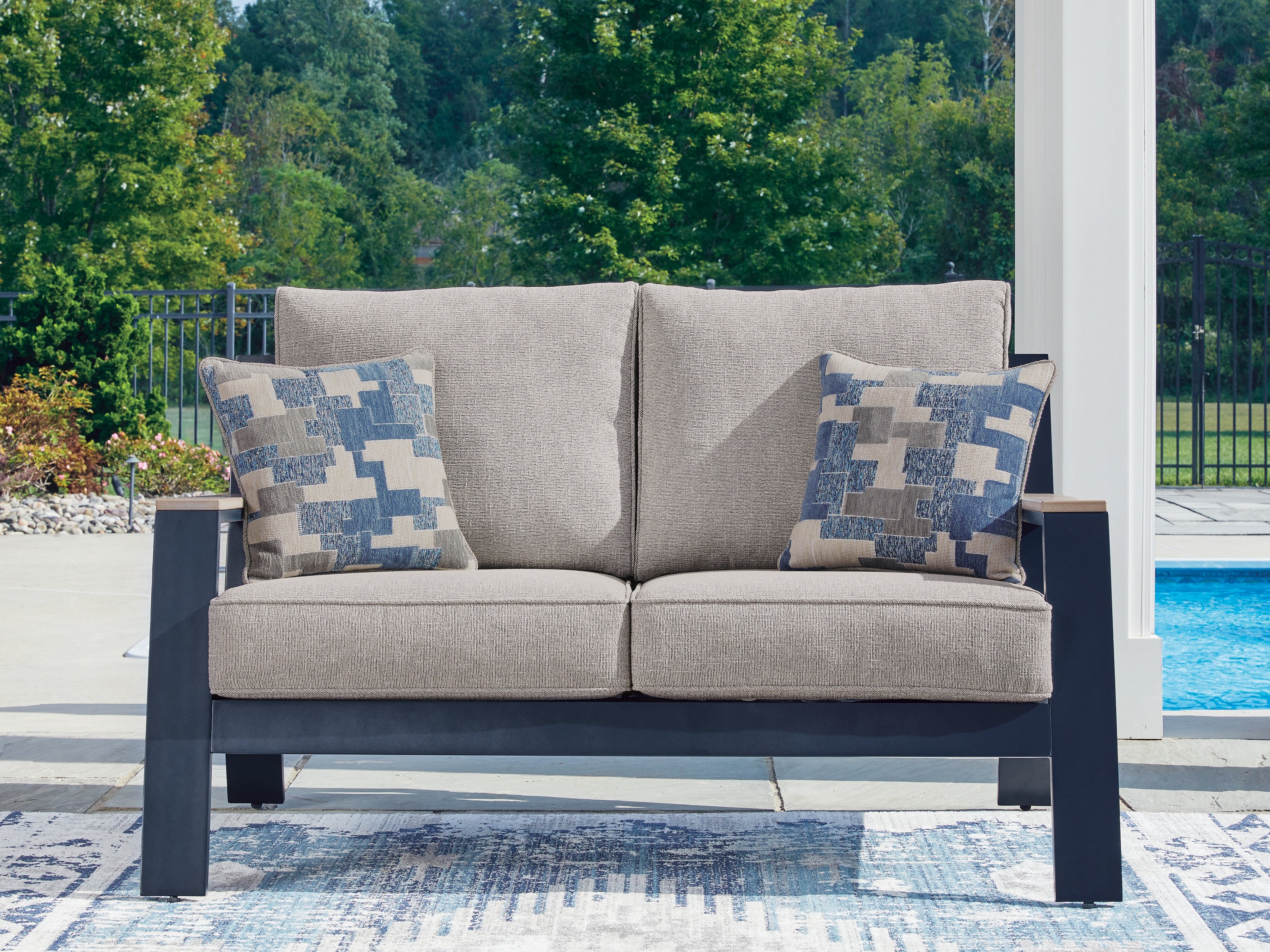Elite Furniture Outlet - Ashley Furniture - East Beach Outdoor - Loveseat w/Cushion / Navy Blue/Driftwood - PCP587-835
