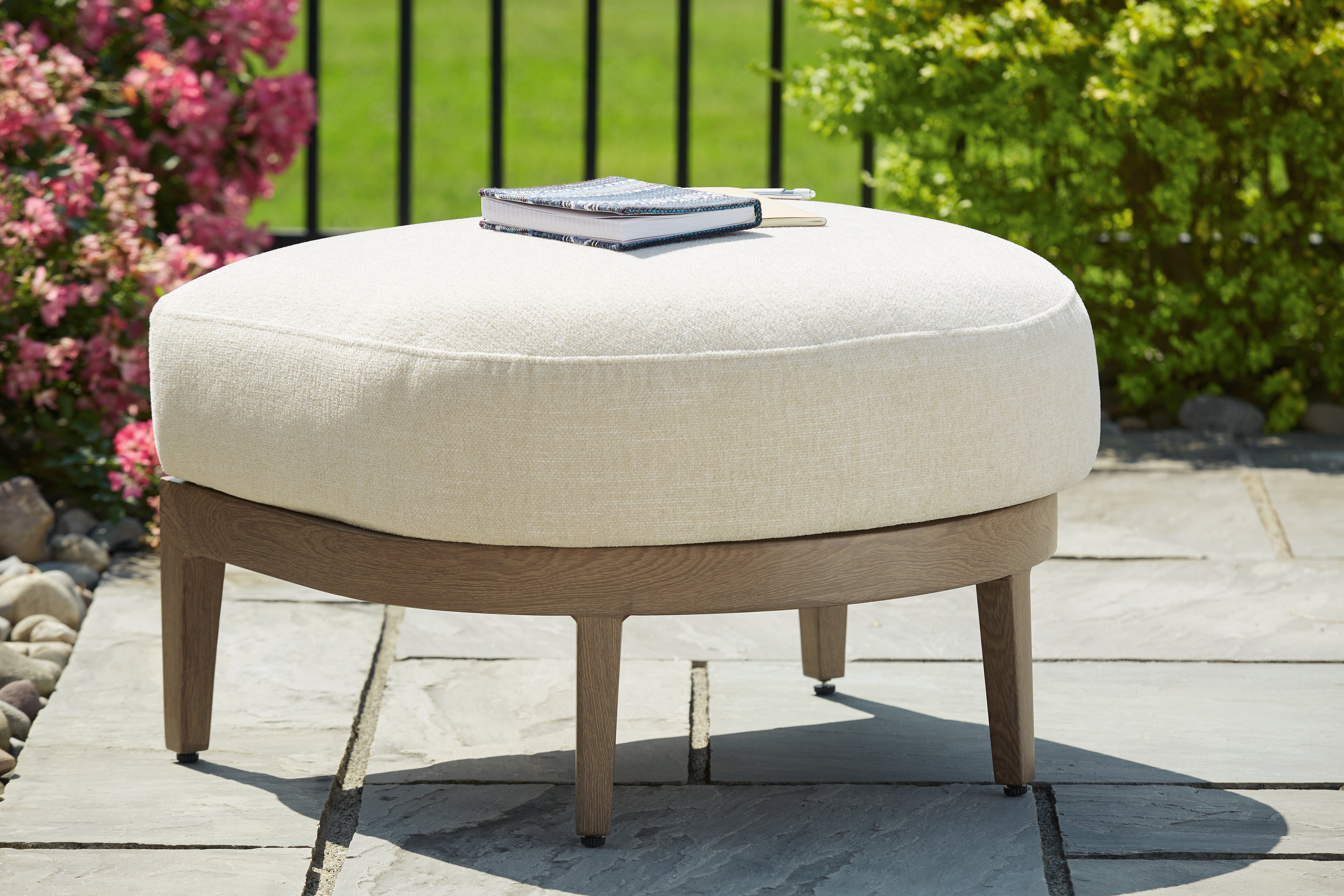 Elite Furniture Outlet - Ashley Furniture - Serene Bay Outdoor - Ottoman with Cushion / Dark Brown/White - P671-814