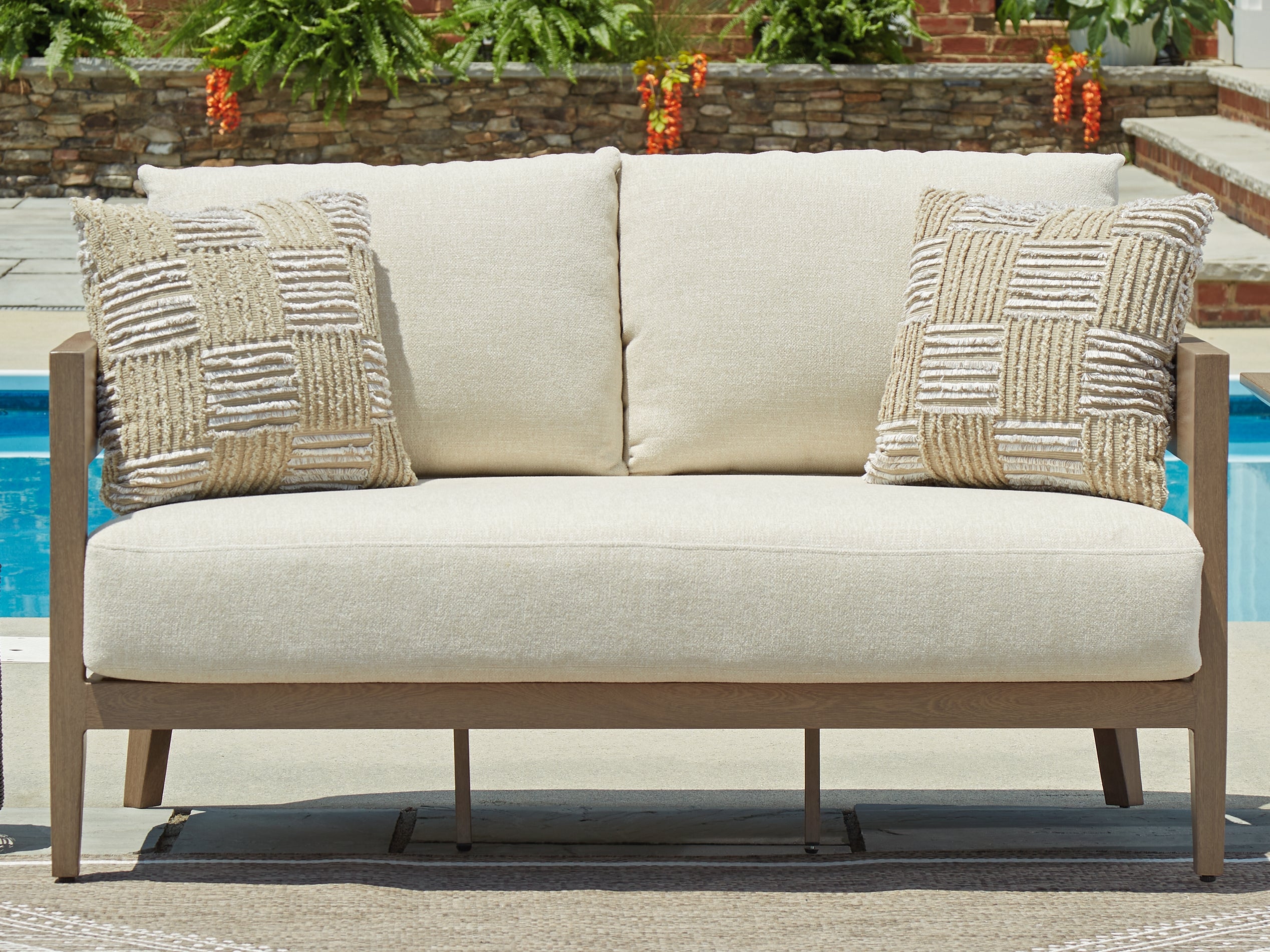 Elite Furniture Outlet - Ashley Furniture - Serene Bay Outdoor - Loveseat w/Cushion / Dark Brown/White - P671-835