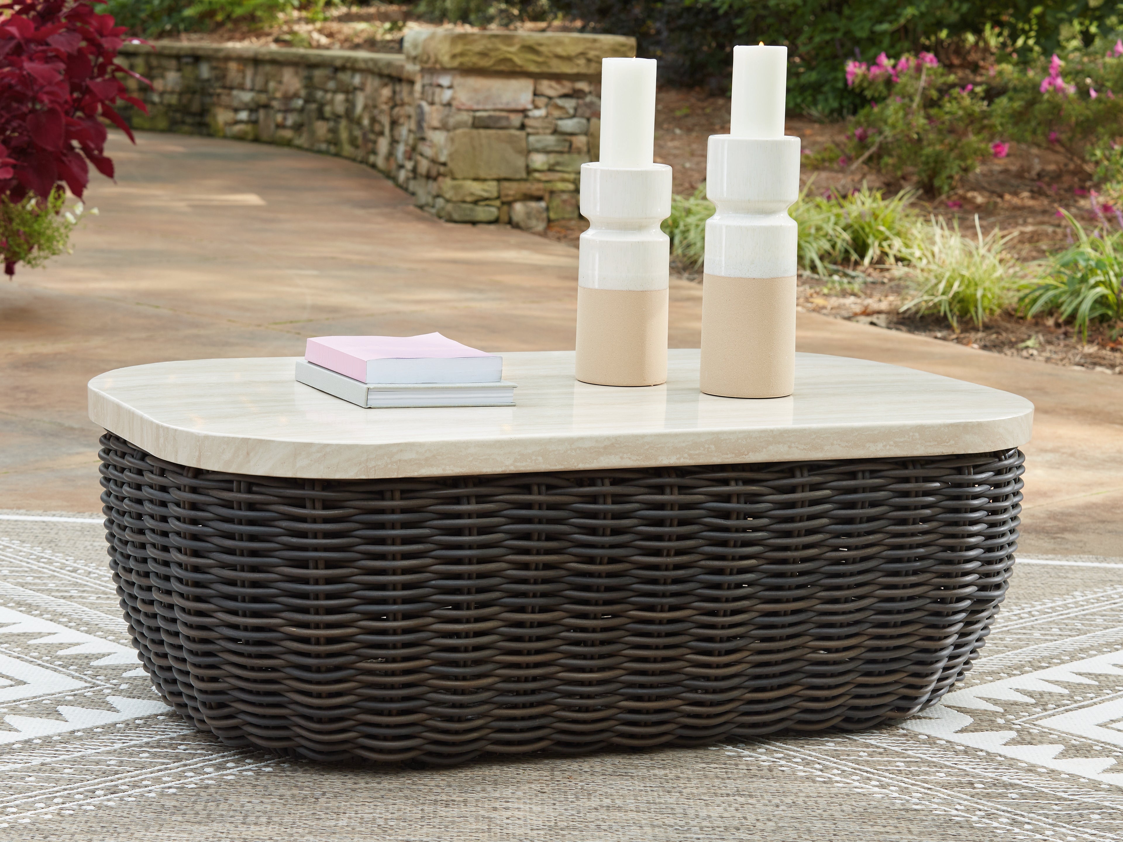 Elite Furniture Outlet - Ashley Furniture - Kimora Outdoor - Rectangular Cocktail Table / Beige/Dark Brown - P711-701