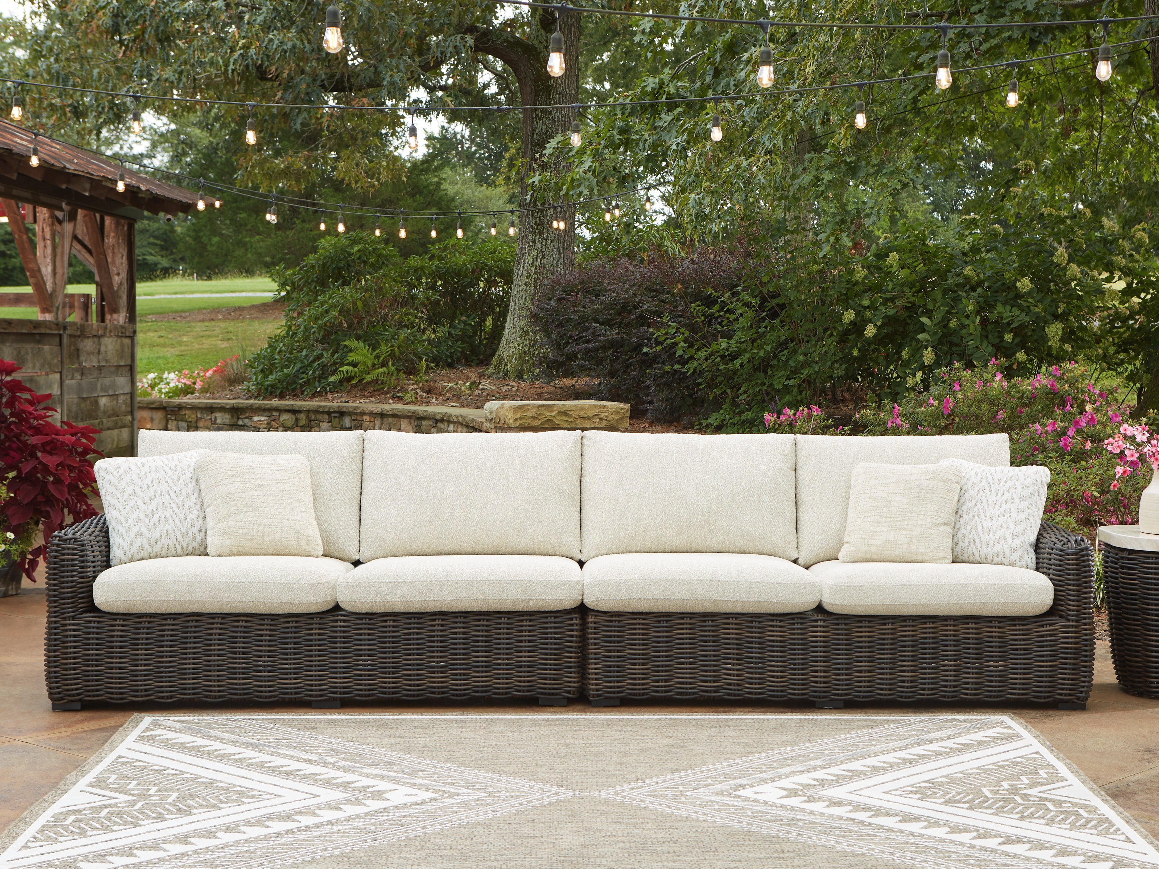 Elite Furniture Outlet - Ashley Furniture - Kimora Outdoor - RAF/LAF Loveseat w/CUSH (Set of 2) / Beige/Dark Brown - P711-854