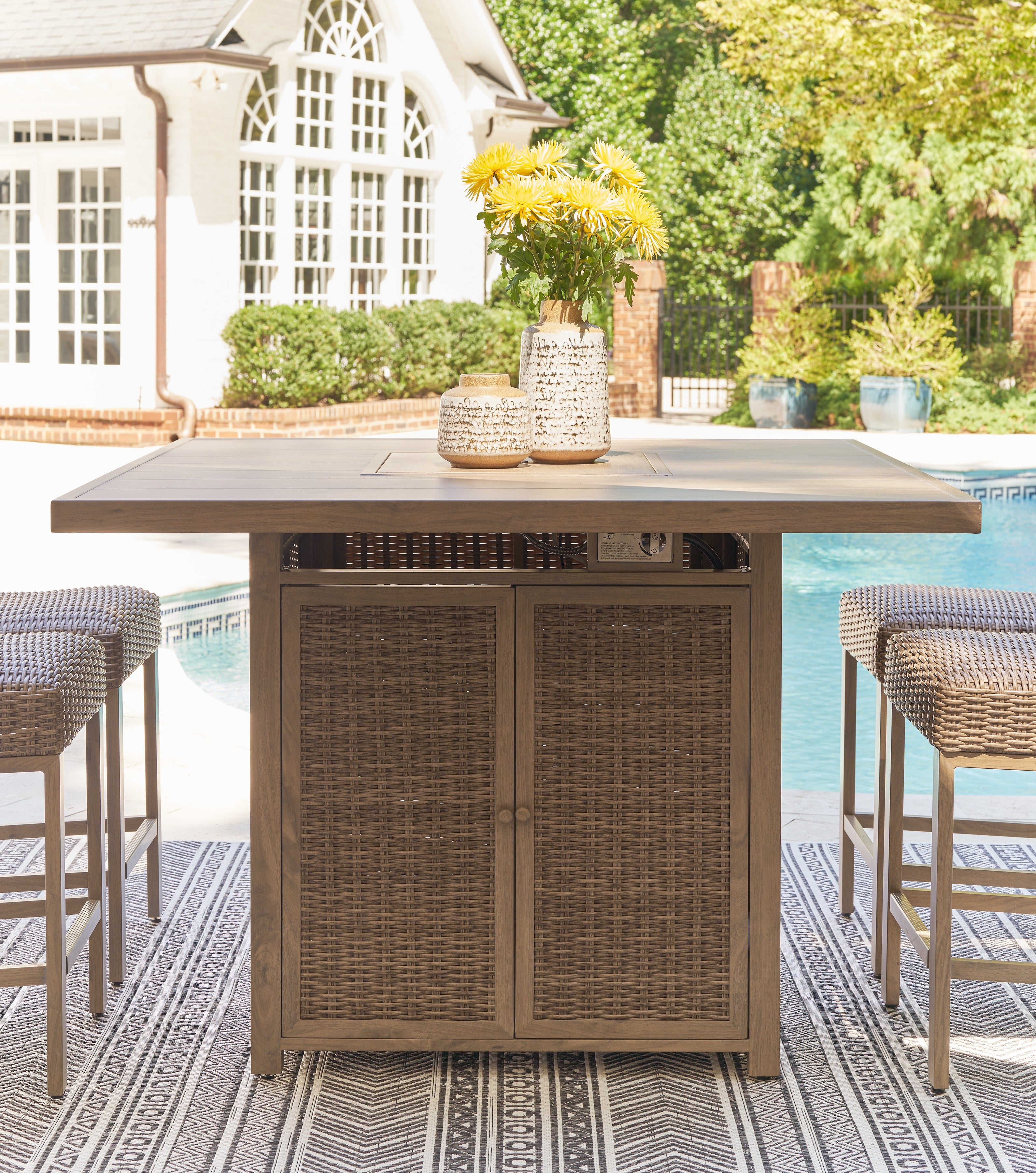 Elite Furniture Outlet - Ashley Furniture - Walton Bridge Outdoor - Square Bar Table w/Fire Pit / Driftwood - P749-665