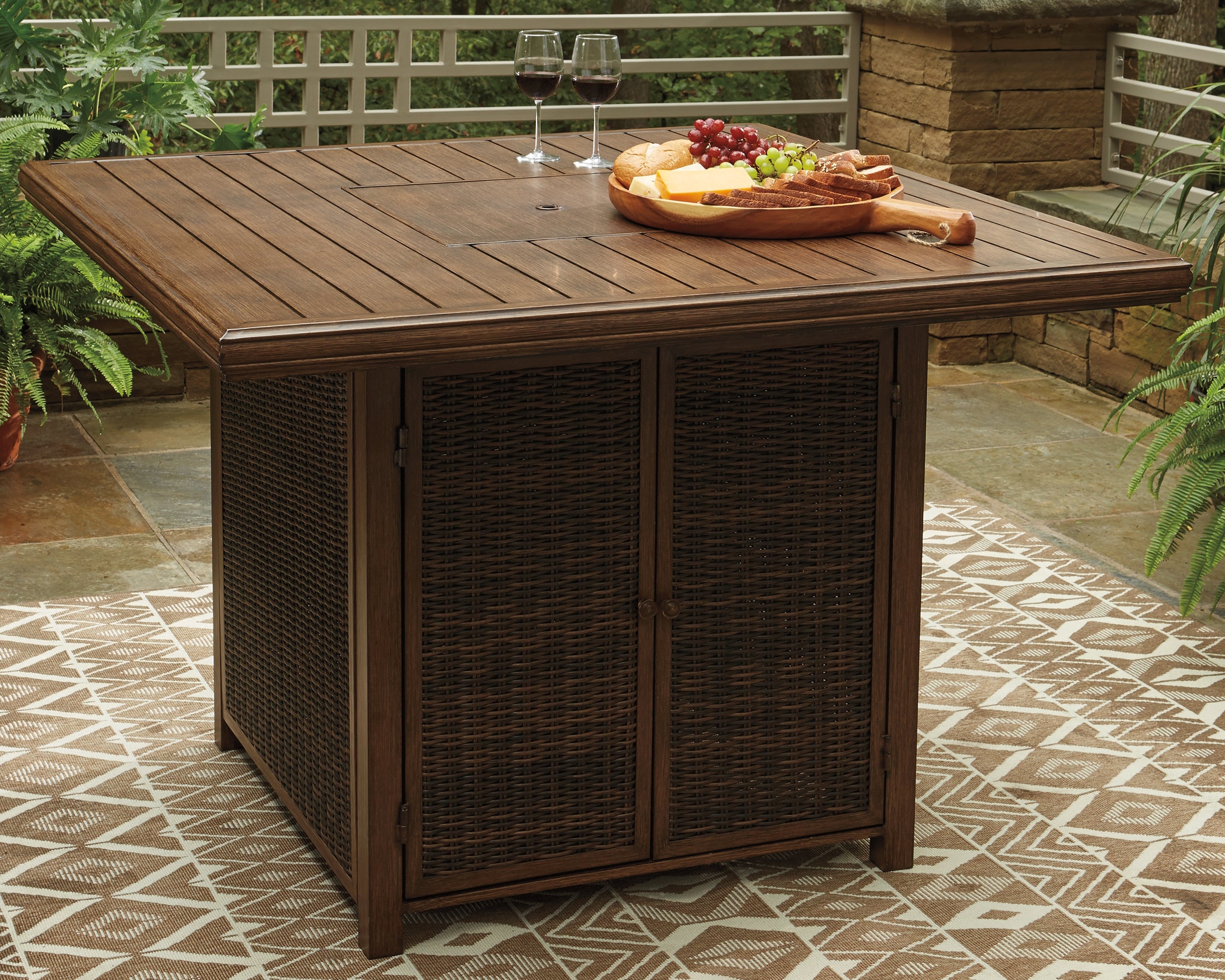 Elite Furniture Outlet - Ashley Furniture - Paradise Trail Outdoor - Square Bar Table w/Fire Pit / Medium Brown - P750-665