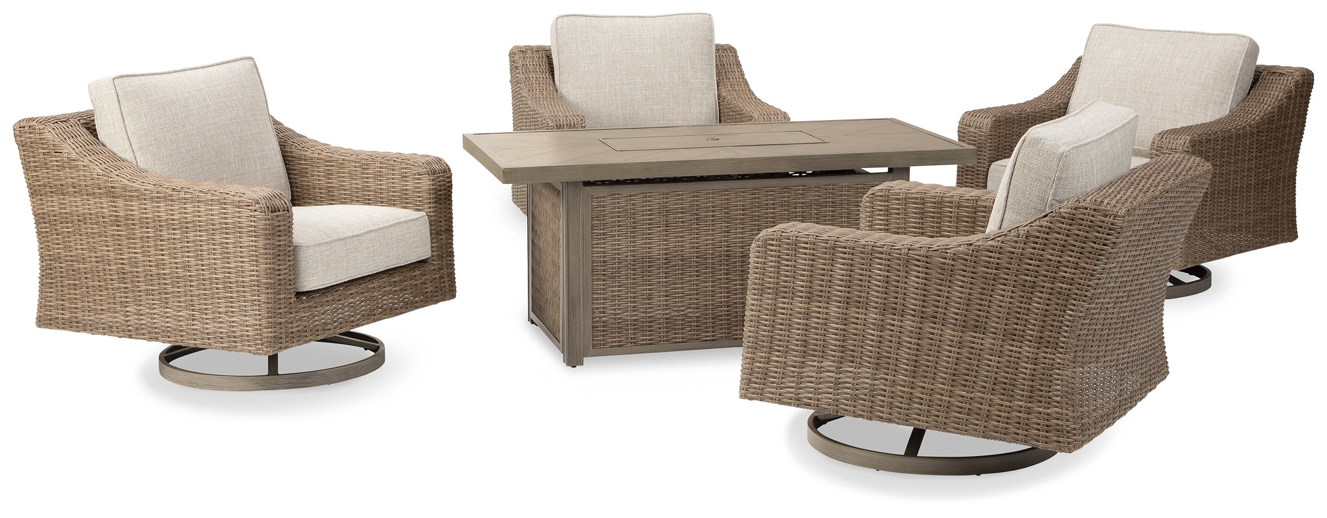 Elite Furniture Outlet - Ashley Furniture - Beachcroft Outdoor - 5-Piece Outdoor Fire Pit Table with 4 Chairs / Beige - P791P17