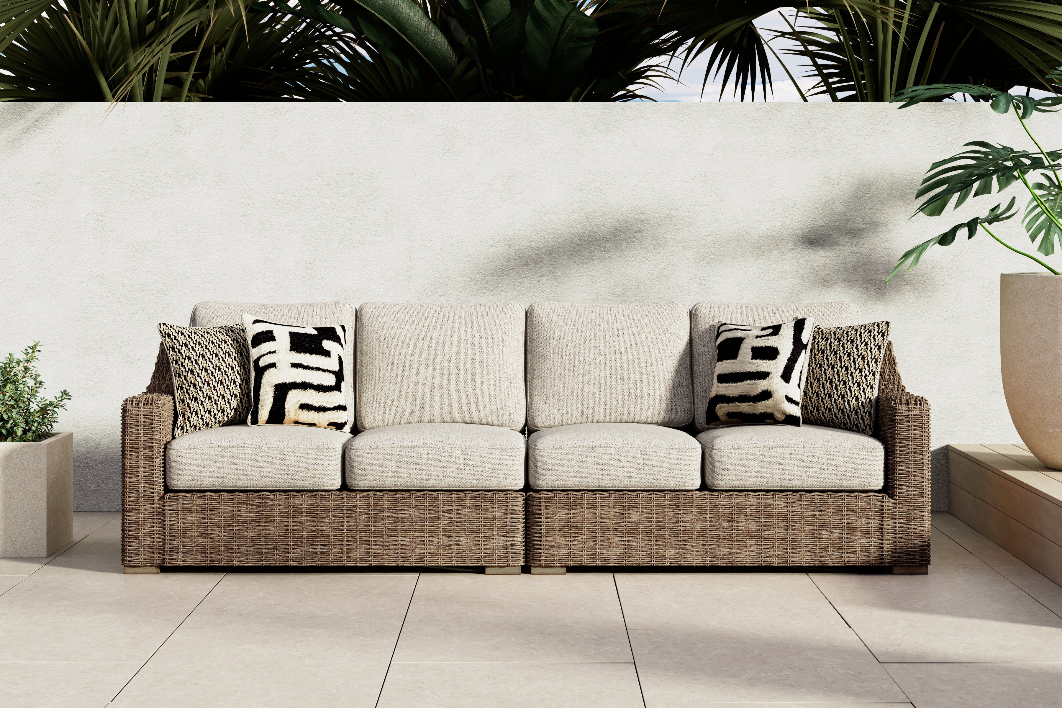 Elite Furniture Outlet - Ashley Furniture - Beachcroft Outdoor - RAF/LAF Loveseat w/CUSH (Set of 2) / Beige - P791-854