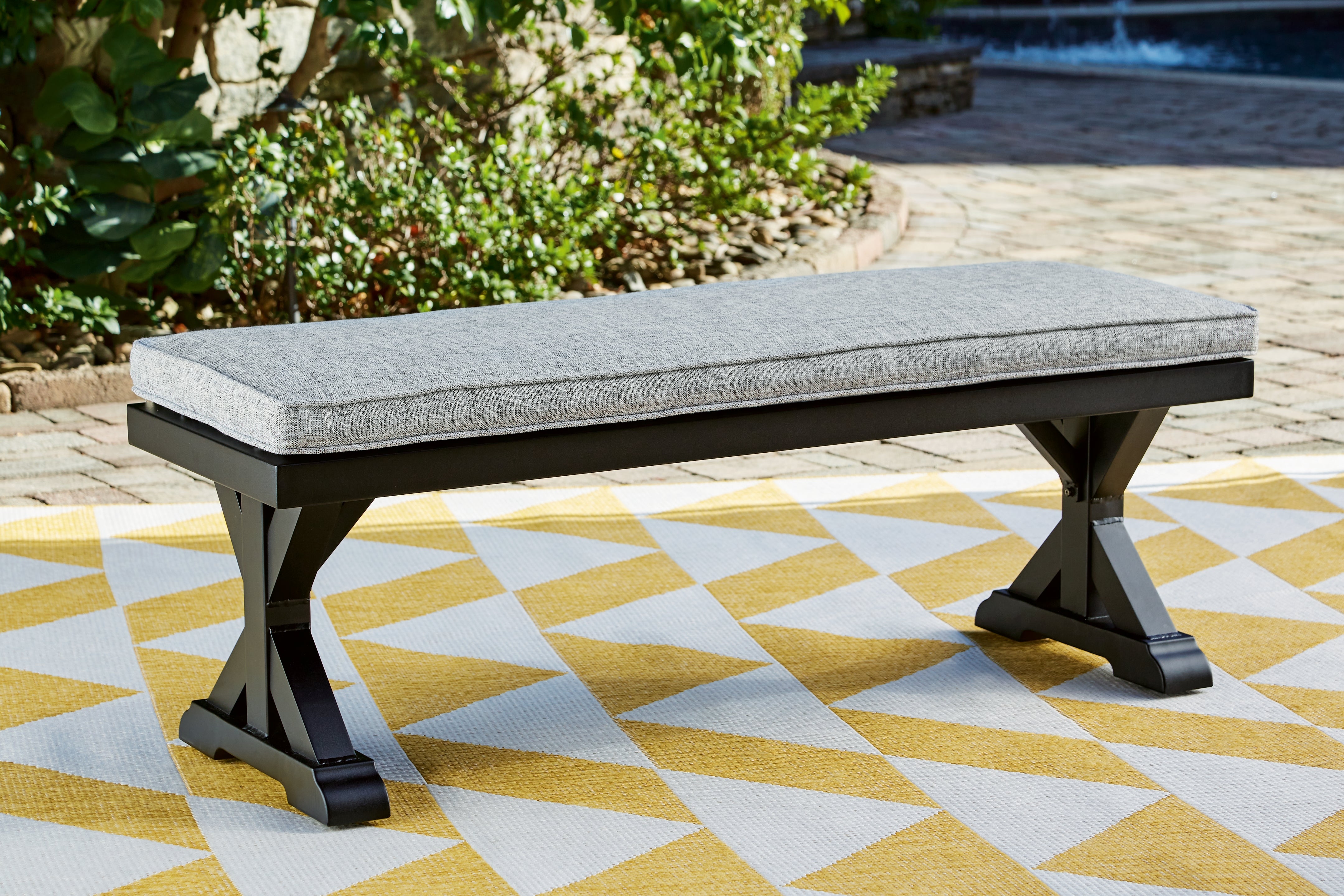 Elite Furniture Outlet - Ashley Furniture - Beachcroft Outdoor - Bench with Cushion / Black/Light Gray - P792-600