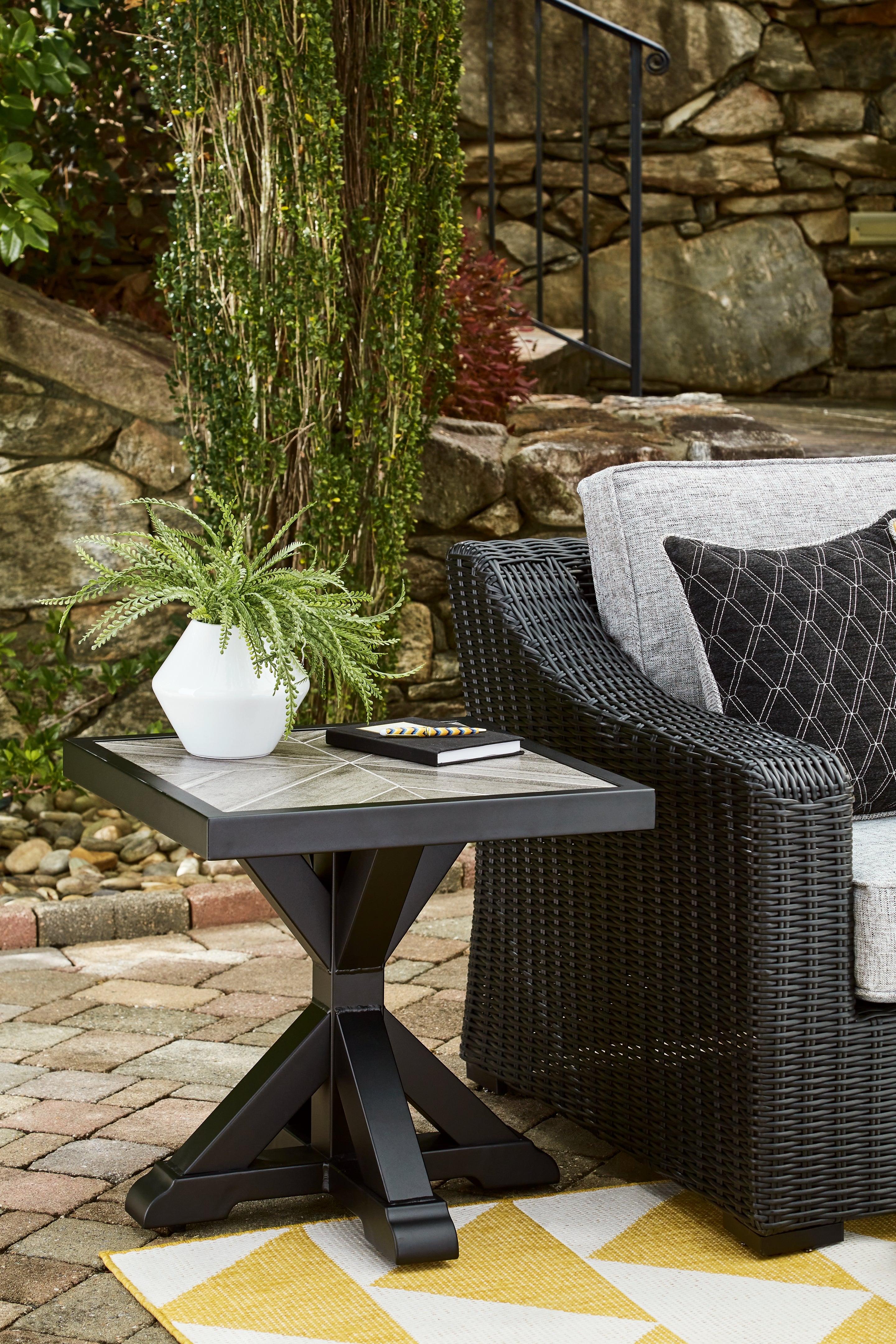 Elite Furniture Outlet - Ashley Furniture - Beachcroft Outdoor - Square End Table / Black/Light Gray - P792-702