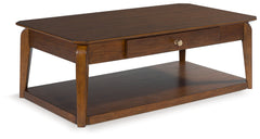 Elite Furniture Outlet - Ashley Furniture - Trenmour Coffee Table - Rectangular Cocktail Table / Medium Brown - T596-1