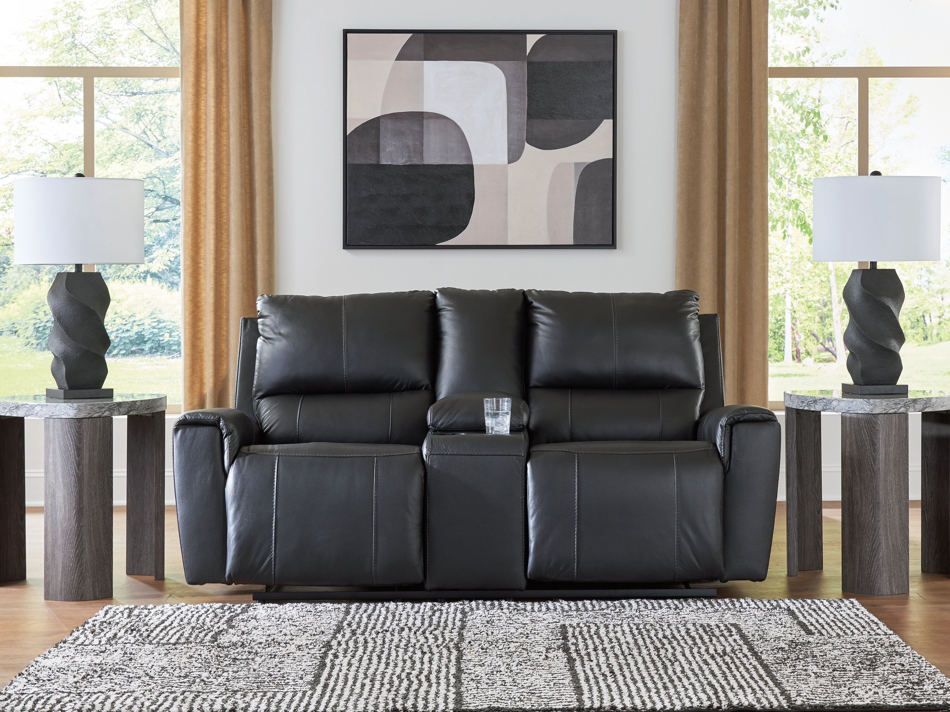 Elite Furniture Outlet - Ashley Furniture - Glossmore Living Room - DBL Rec Loveseat w/Console / Black - PCU1170094