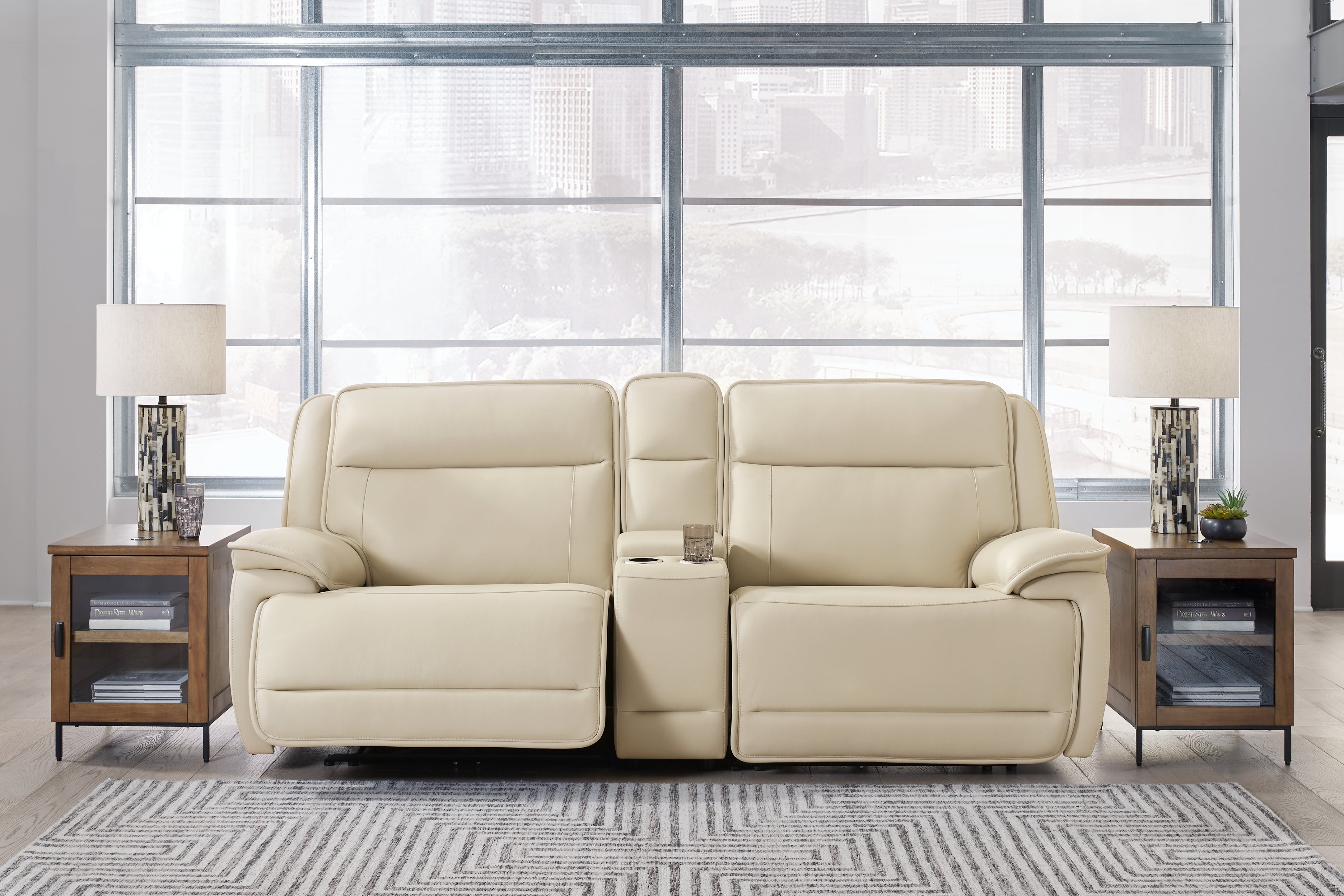 Elite Furniture Outlet - Ashley Furniture - Double Deal Sectional - 3-Piece Power Reclining Loveseat Sectional with Console / Almond - U13001S4