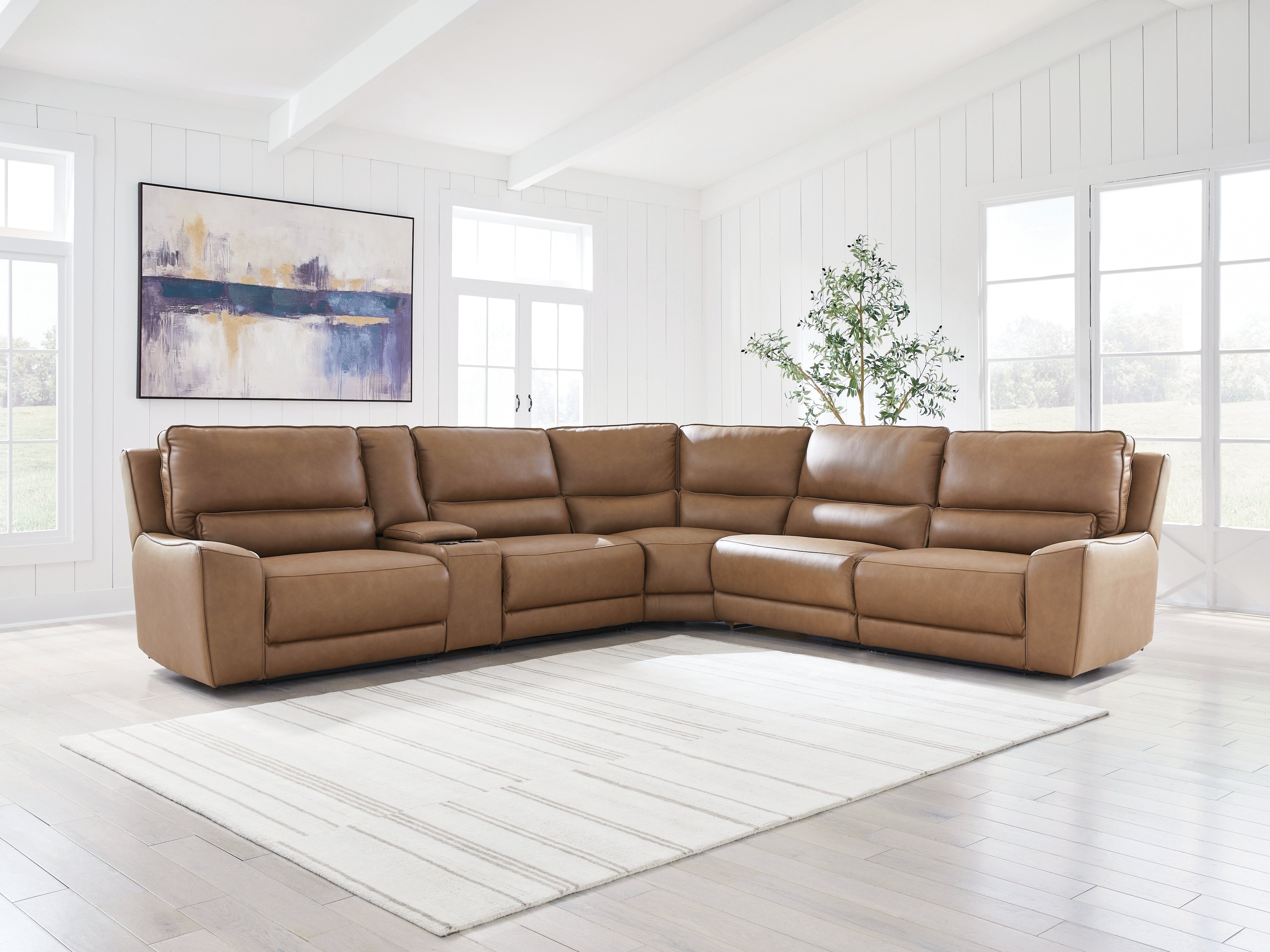 Elite Furniture Outlet - Ashley Furniture - DeepWakes Sectional - 6-Piece Reclining Sectional with Storage Console / Caramel - PCU62606S36