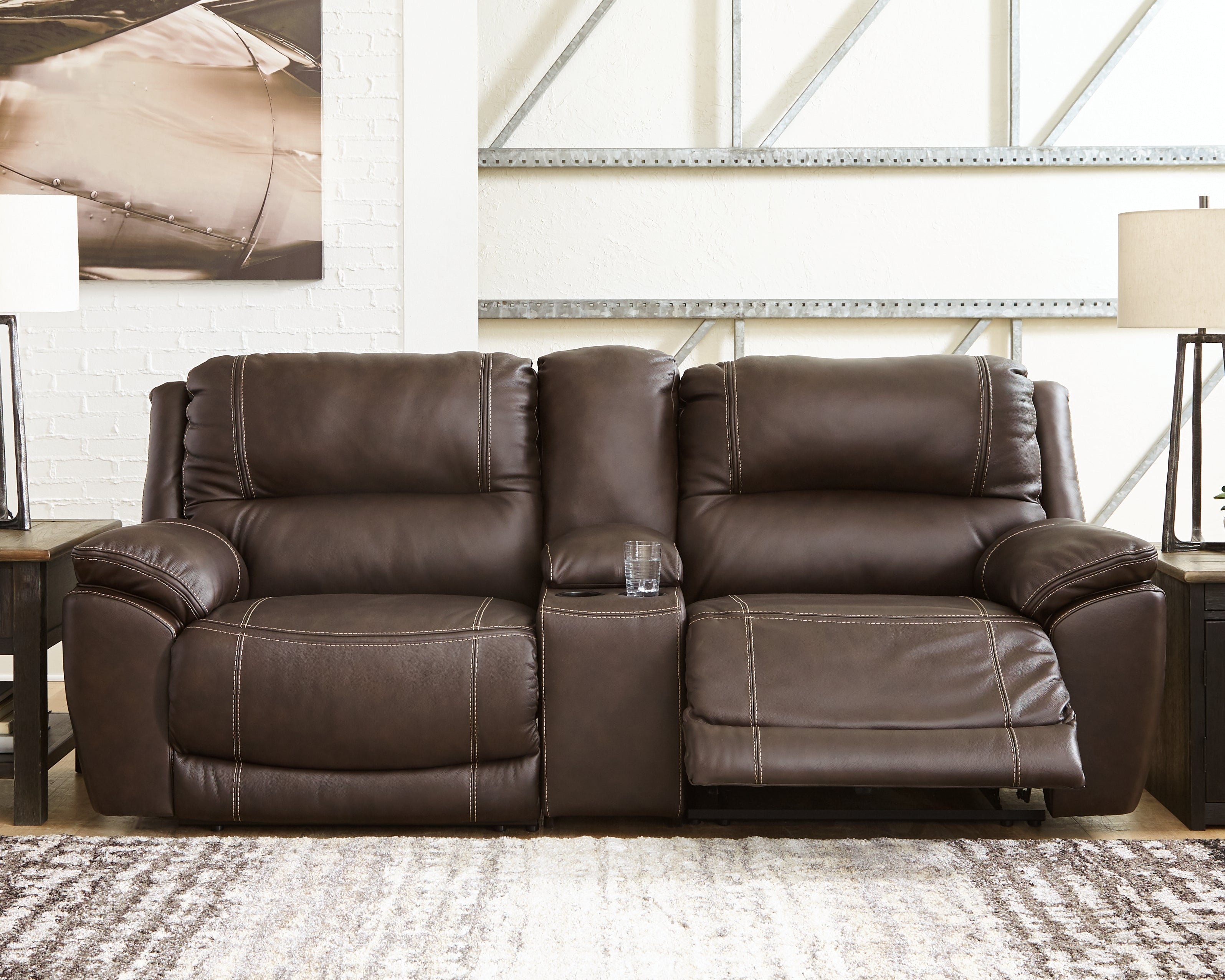 Elite Furniture Outlet - Ashley Furniture - Dunleith Sectional - 3-Piece Power Reclining Loveseat with Console / Chocolate - U71604S4